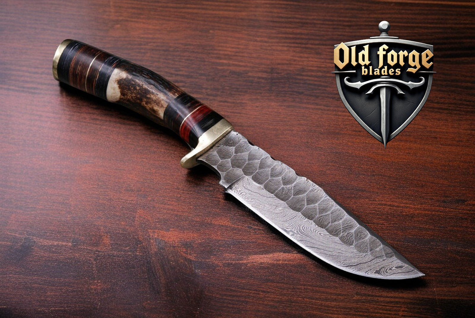 Custom Handmade Damascus Steel Bowie Knife with Deer Horn Handle – 12” Overall Length