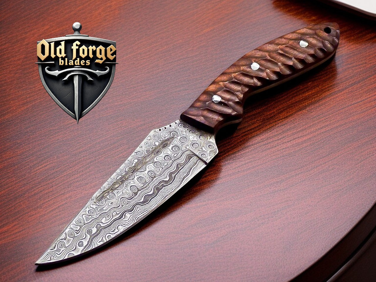 Handmade Damascus Hunting Knife with Hardwood Handle