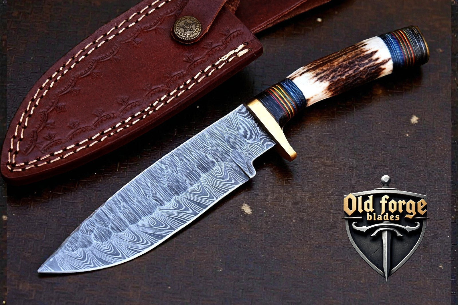 Damascus Steel Fixed Blade Hunting Bowie Knife – Stag Handle