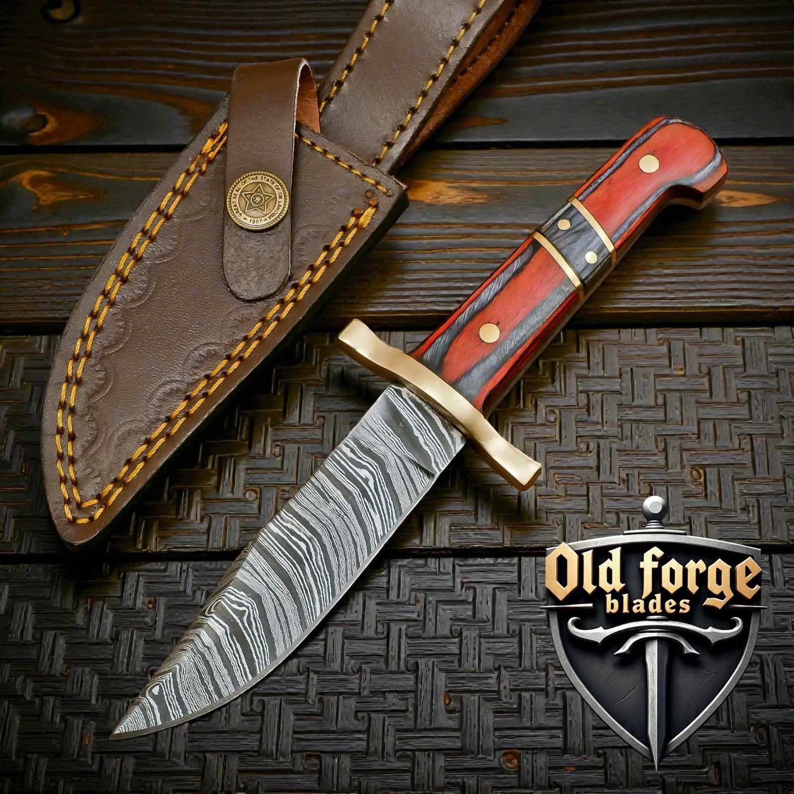 Premium Damascus Steel Hunting Knife - Handmade Fixed Blade with Hardwood Handle & Brass Bolster