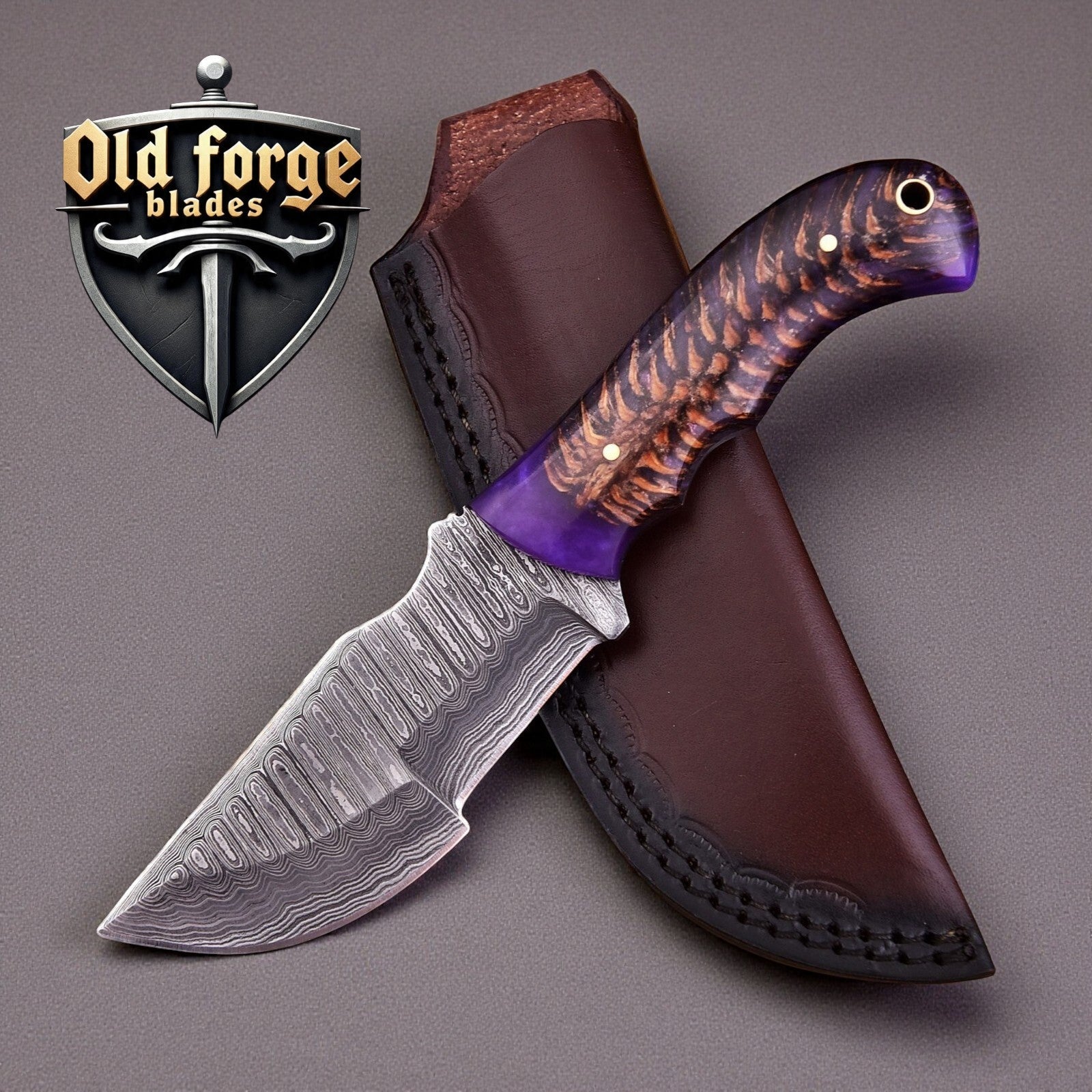 Custom Damascus Steel Hunting Knife - Handmade with Stabilized Pine Cone Handle