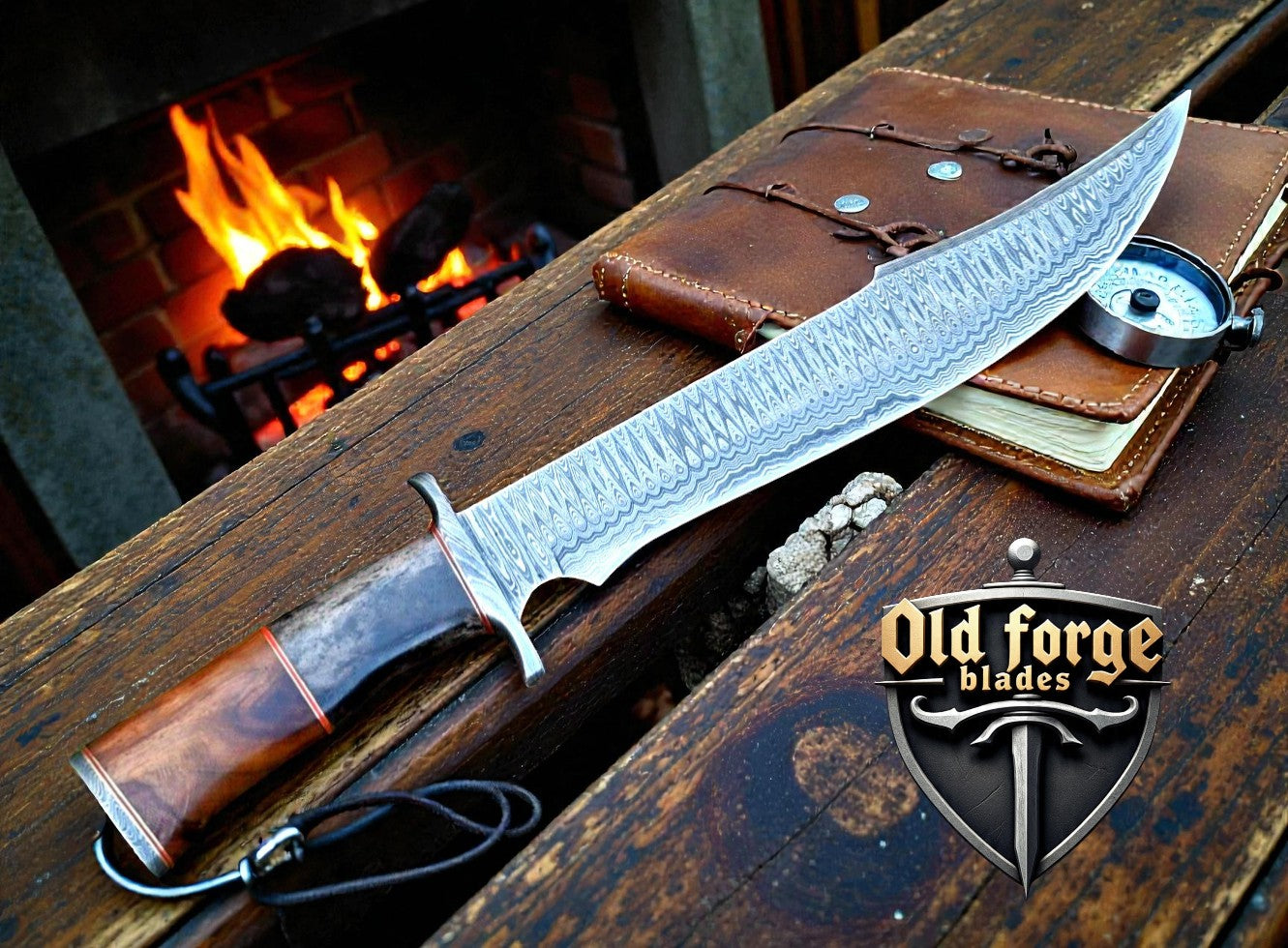 Handmade Damascus Bowie Knife with Wood & Bone Handle