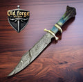Handmade Damascus Steel Bowie Knife with Blue Camel Bone Handle