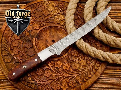 Custom Handmade Damascus Fillet Knife – 8” Blade, Rosewood Handle, Leather Case