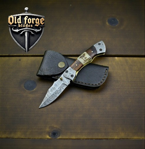 Best Affordable Damascus Pocket Knife – Stag Horn & Rosewood Handle