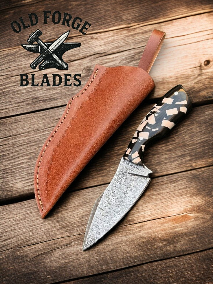 Handmade Damascus Skinner Knife – Black & White Resin Handle