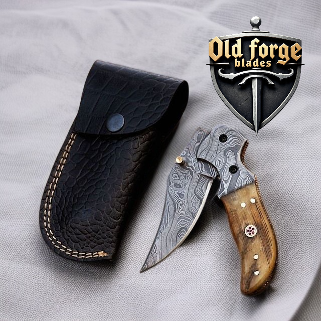 White Horn Custom Damascus Foldable Knife with Liner Lock