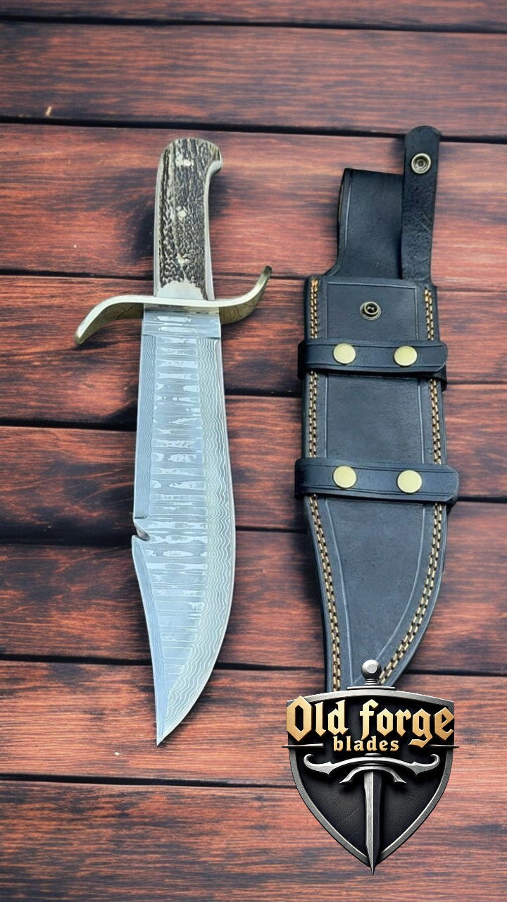 Handmade Damascus Steel Bowie Knife with Stag Handle – 14” Combat Blade