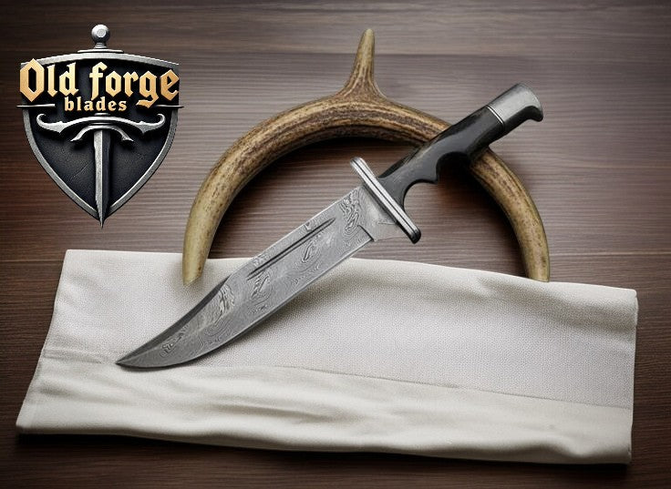 Handmade Custom Damascus Knife – Bowie Blade with Bull Horn Handle