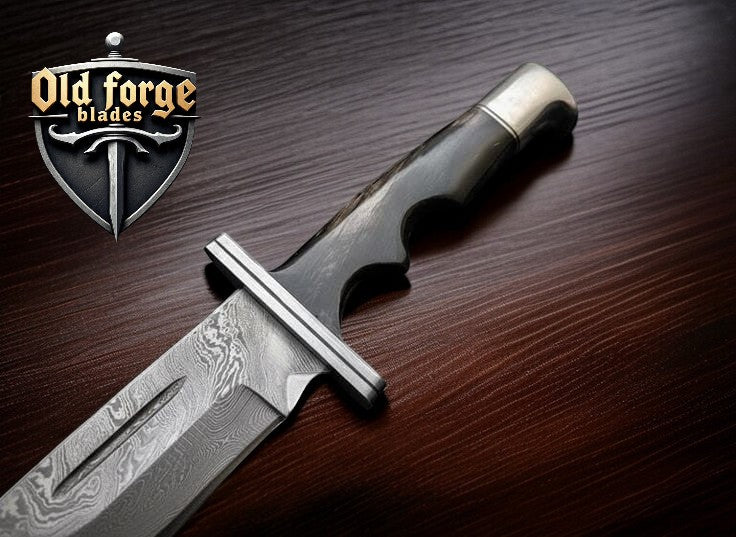 Handmade Custom Damascus Knife – Bowie Blade with Bull Horn Handle