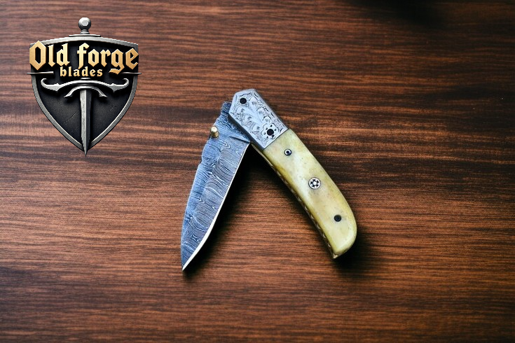 Damascus Pocket Knife – Custom Handmade 3.5” Liner Lock with Camel Bone & Engraved Brass Handle
