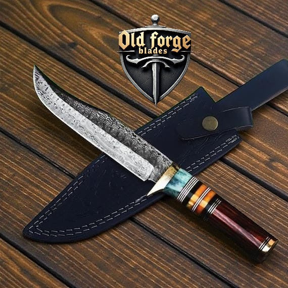 Handmade Damascus Dragon Hunting Knife Set with Leather Sheath