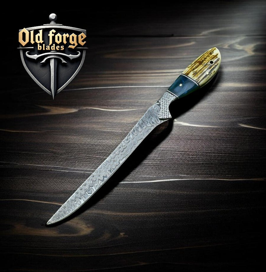 Custom Handmade Damascus Fillet Knife – 7.5” Blade, Antler & Buffalo Horn Handle with Leather Case